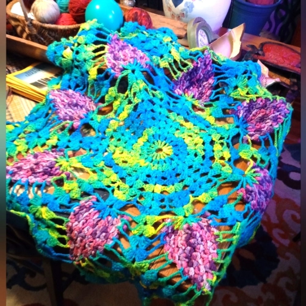 Colorful Crochet Table Topper W/Grape Clusters - Picture 2 of 3